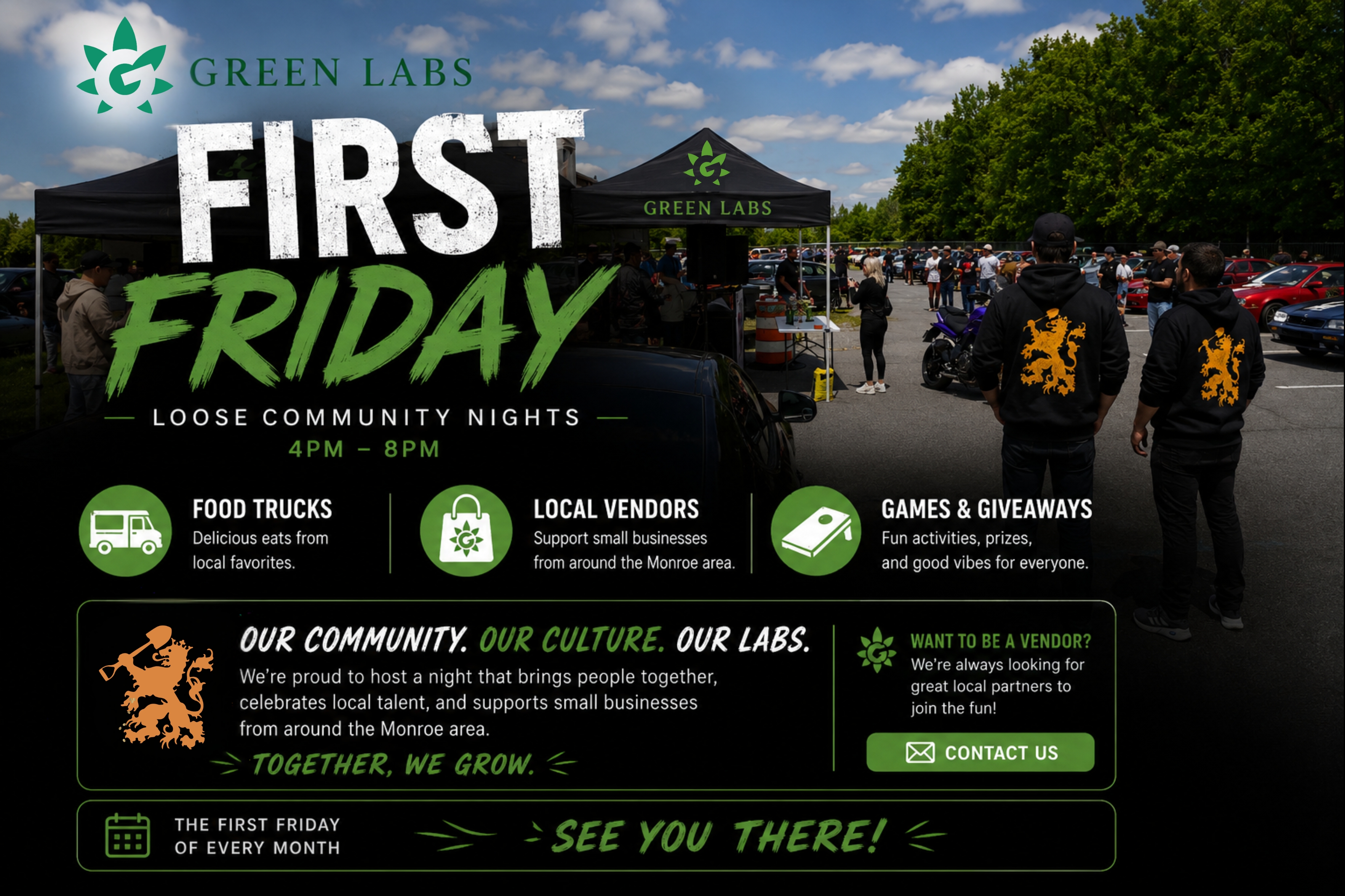 Green Labs First Friday featuring food trucks, local vendors, games, and giveaways.