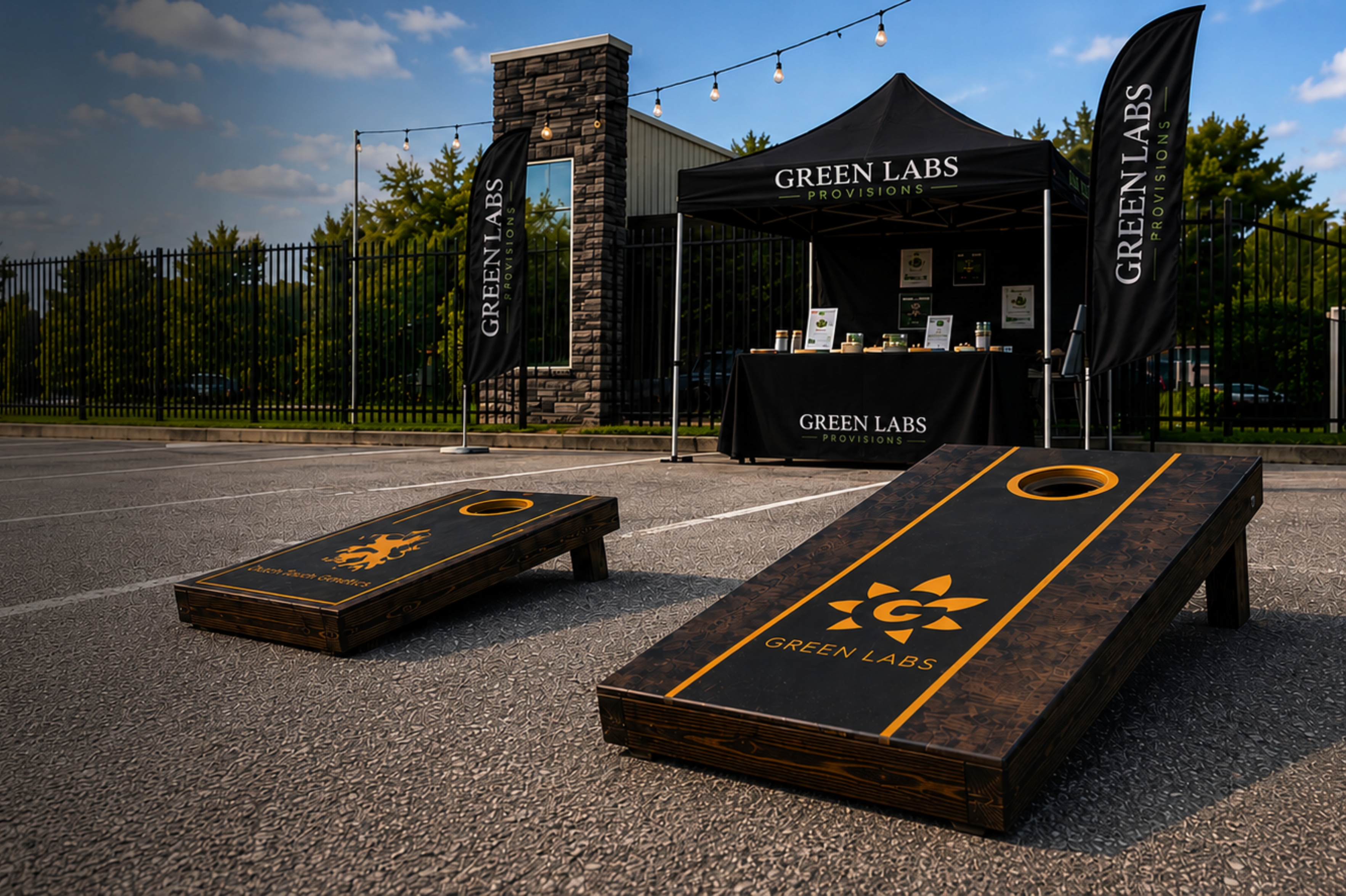 Green Labs and Dutch Touch Genetics cornhole boards outside Green Labs